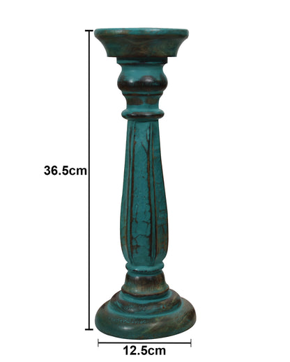 Wooden Pillar Candle Stand, Hand Crafted Wood Candle Holders for Living Room, Table Centerpiece, Hallway Decor Polish, Turquoise