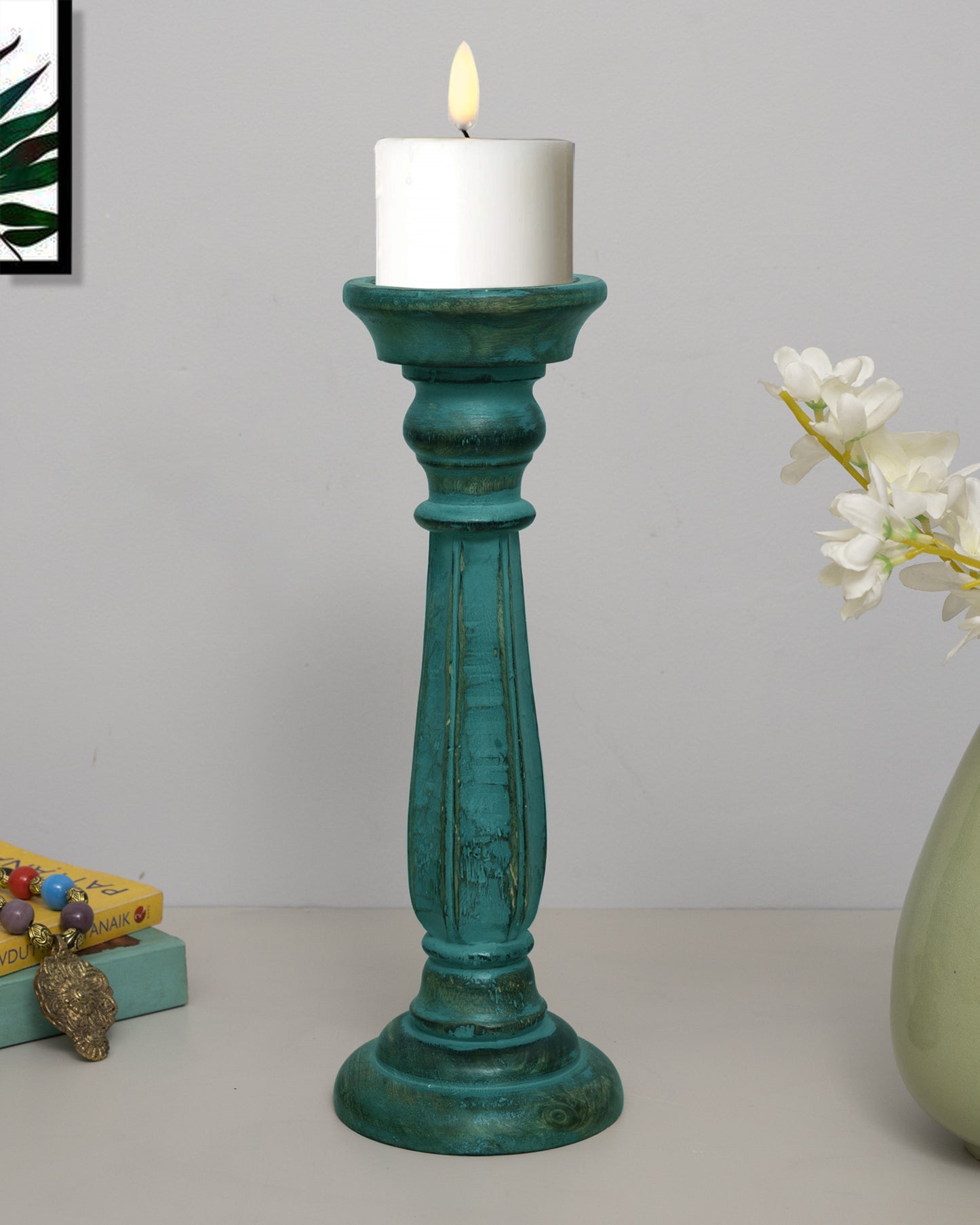 Wooden Pillar Candle Stand, Hand Crafted Wood Candle Holders for Living Room, Table Centerpiece, Hallway Decor Polish, Turquoise