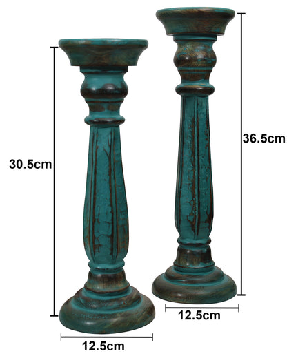 Wooden Pillar Candle Stand, Hand Crafted Wood Candle Holders for Living Room, Table Centerpiece, Hallway Decor Polish, Turquoise