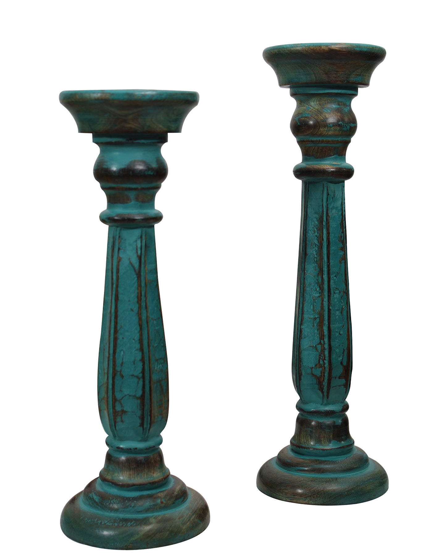Wooden Pillar Candle Stand, Hand Crafted Wood Candle Holders for Living Room, Table Centerpiece, Hallway Decor Polish, Turquoise