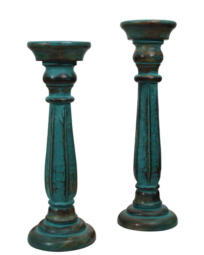 Wooden Pillar Candle Stand, Hand Crafted Wood Candle Holders for Living Room, Table Centerpiece, Hallway Decor Polish, Turquoise