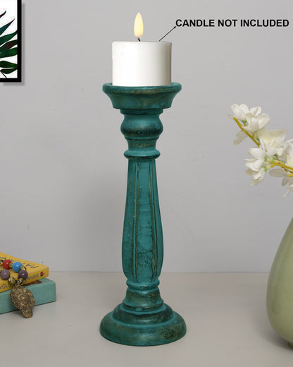 Wooden Pillar Candle Stand, Hand Crafted Wood Candle Holders for Living Room, Table Centerpiece, Hallway Decor Polish, Turquoise