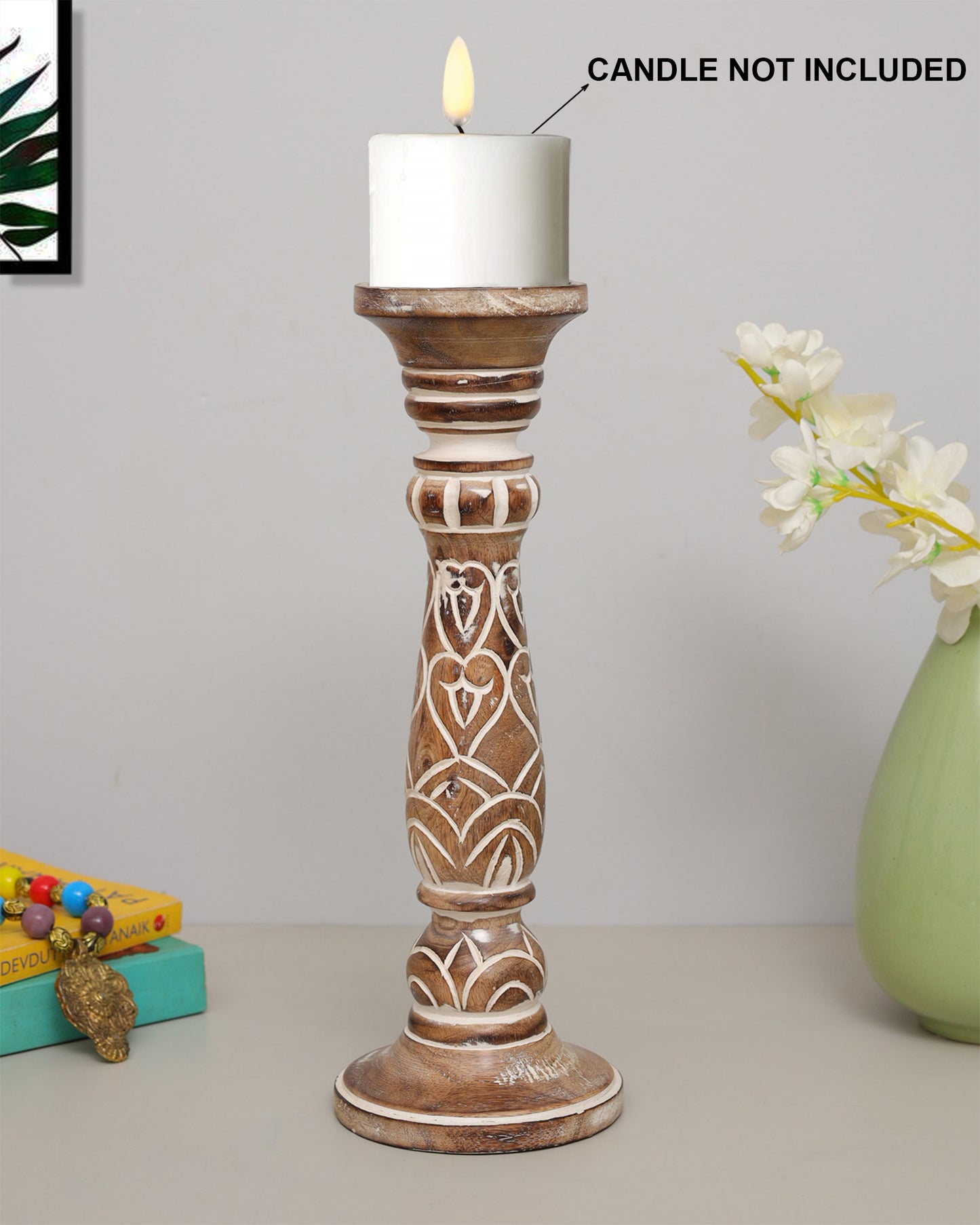Wooden Pillar Candle Stand, Hand Crafted Wood Candle Holders for Living Room, Table Centerpiece, Hallway Decor Polish, Antique White