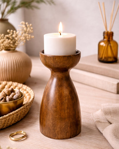 Wooden Pillar Candle Stand, Hand Crafted Wood Candle Holders for Living Room, Table Centerpiece, Hallway Decor Polish, Walnut Cubist