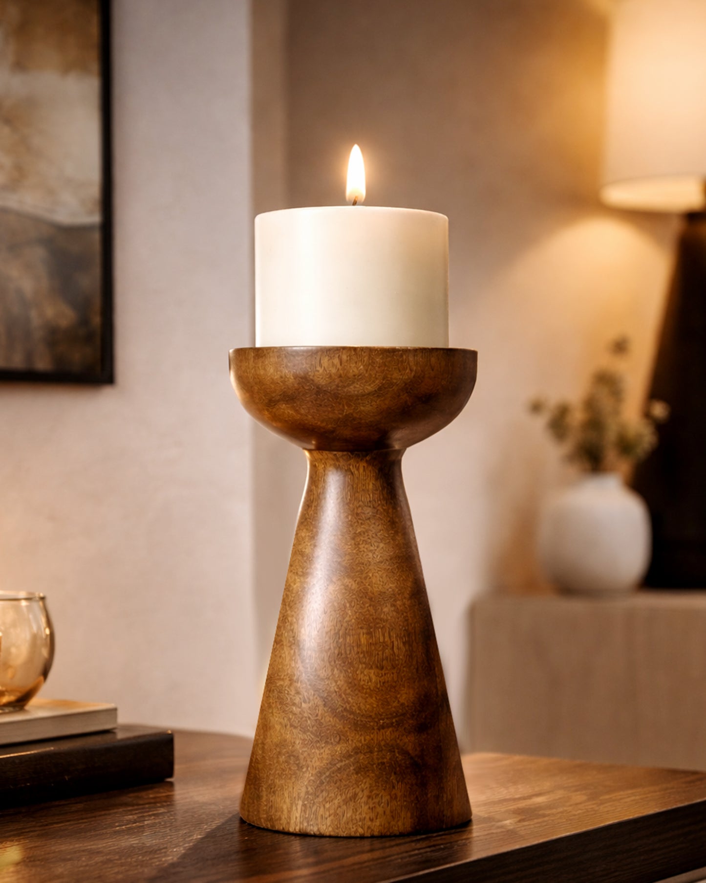 Wooden Pillar Candle Stand, Hand Crafted Wood Candle Holders for Living Room, Table Centerpiece, Hallway Decor Polish, Walnut Cone