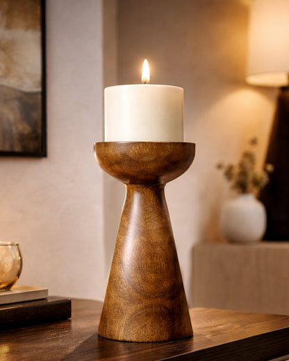 Wooden Pillar Candle Stand, Hand Crafted Wood Candle Holders for Living Room, Table Centerpiece, Hallway Decor Polish, Walnut Cone