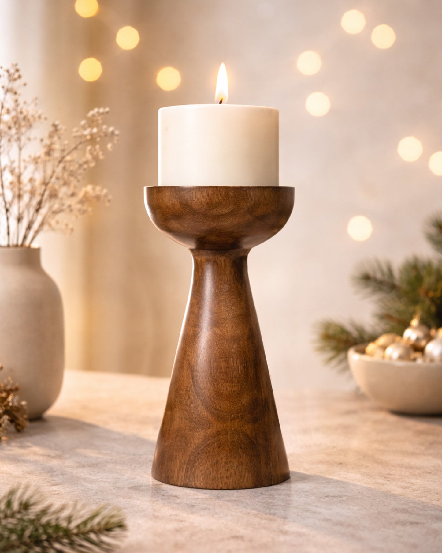 Wooden Pillar Candle Stand, Hand Crafted Wood Candle Holders for Living Room, Table Centerpiece, Hallway Decor Polish, Walnut Cone