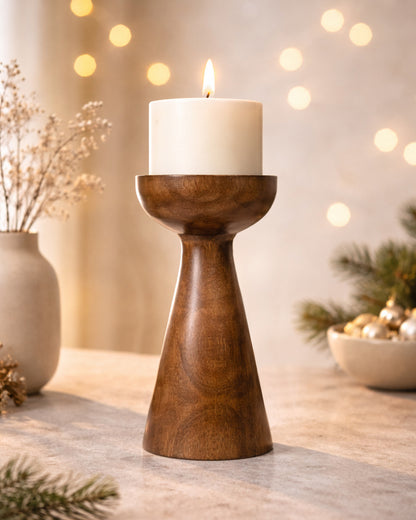 Wooden Pillar Candle Stand, Hand Crafted Wood Candle Holders for Living Room, Table Centerpiece, Hallway Decor Polish, Walnut Cone