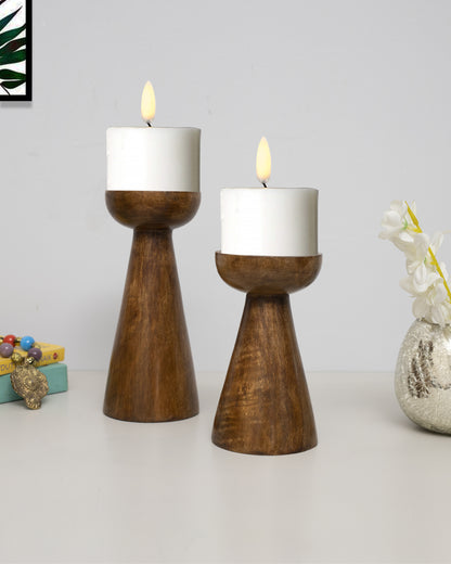 Wooden Pillar Candle Stand, Hand Crafted Wood Candle Holders for Living Room, Table Centerpiece, Hallway Decor Polish, Walnut Cone