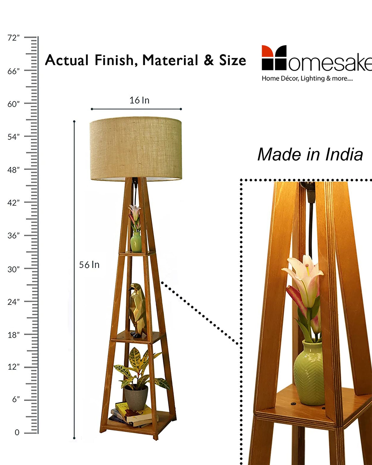 Homesake® Wood Natural Colour 3 Layer Floor Lamp for Living Room With 16" Oka Shade Jute Decor Corner Lamp For Living Room | Standing Lamp | Reading House Bedroom Home
