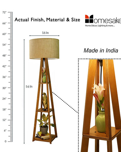 Homesake® Wood Natural Colour 3 Layer Floor Lamp for Living Room With 16" Oka Shade Jute Decor Corner Lamp For Living Room | Standing Lamp | Reading House Bedroom Home