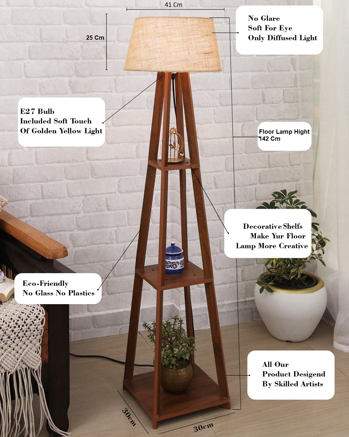 Homesake® Wood Natural Colour 3 Layer Floor Lamp for Living Room With 16" Oka Shade Jute Decor Corner Lamp For Living Room | Standing Lamp | Reading House Bedroom Home