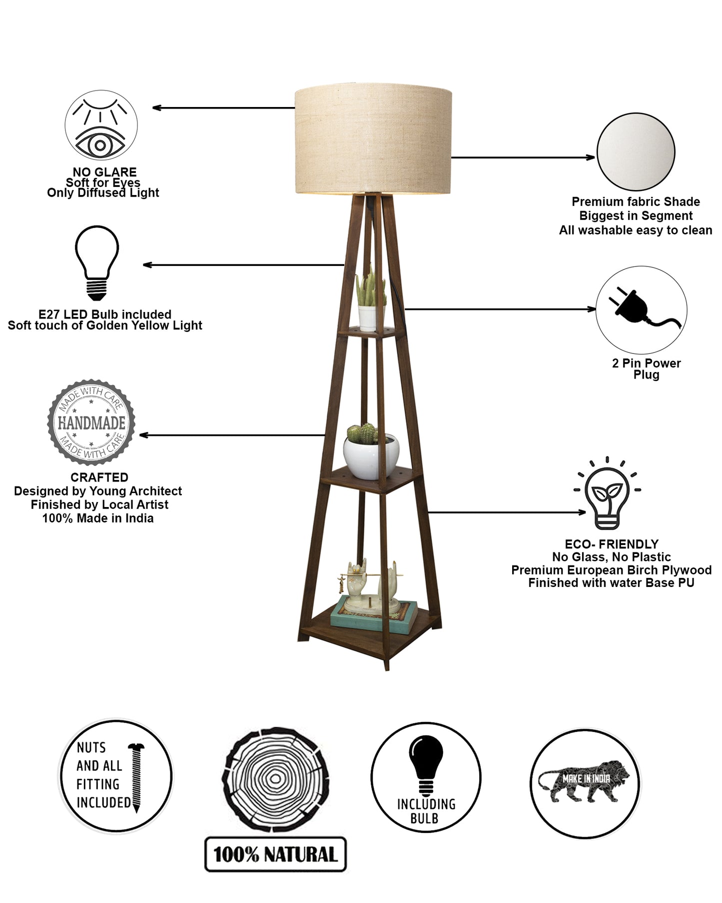 Homesake® Wood Natural Colour 3 Layer Floor Lamp for Living Room With 16" Oka Shade Jute Decor Corner Lamp For Living Room | Standing Lamp | Reading House Bedroom Home
