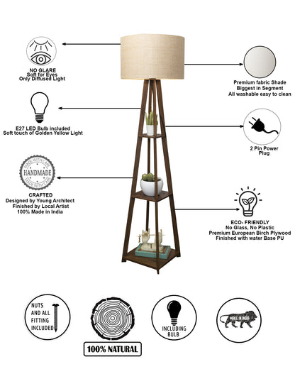 Homesake® Wood Natural Colour 3 Layer Floor Lamp for Living Room With 16" Oka Shade Jute Decor Corner Lamp For Living Room | Standing Lamp | Reading House Bedroom Home