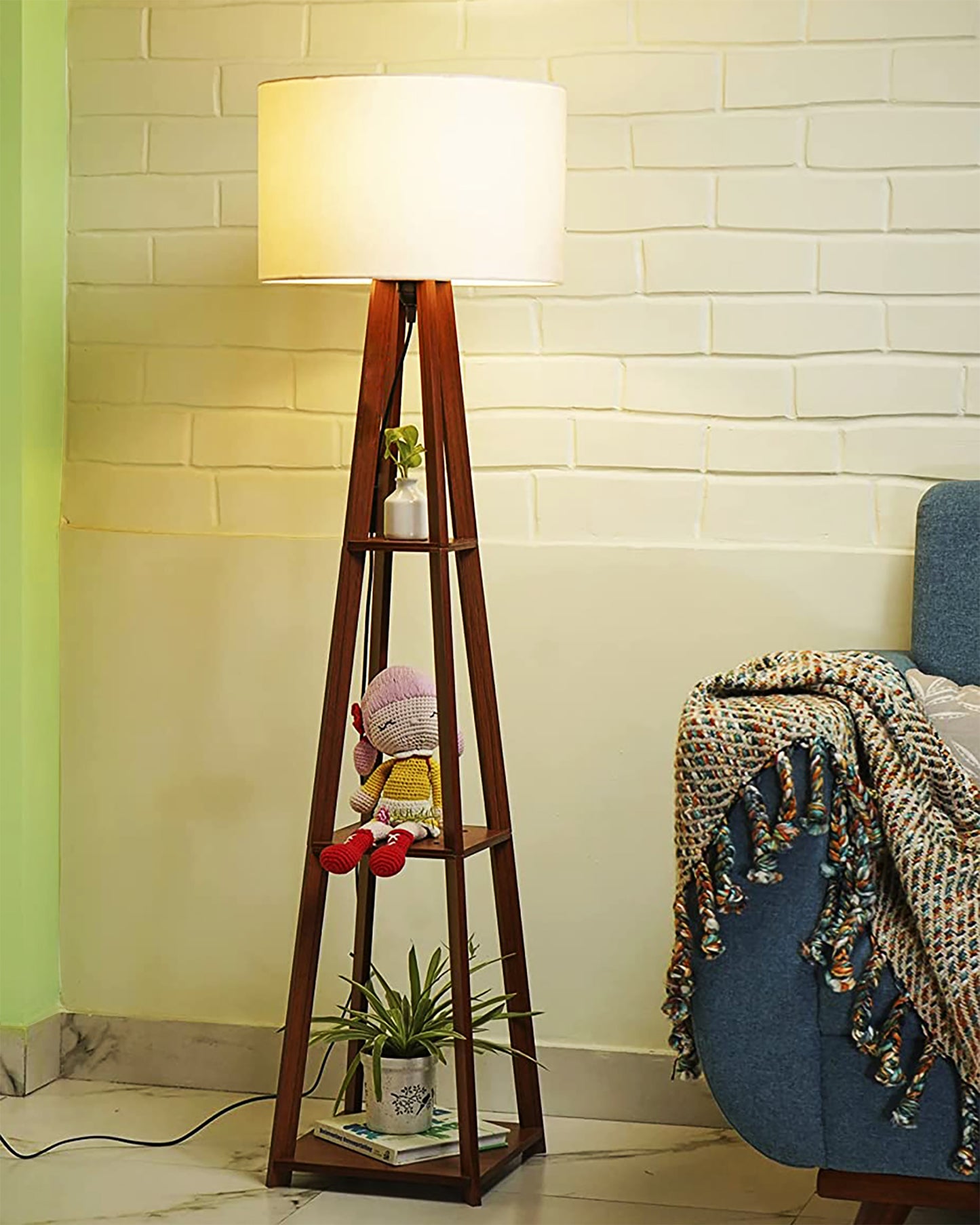 Homesake® Wood Natural Colour 3 Layer Floor Lamp for Living Room With 16" Oka Shade Jute Decor Corner Lamp For Living Room | Standing Lamp | Reading House Bedroom Home