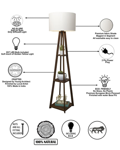 Homesake® Wood Natural Colour 3 Layer Floor Lamp for Living Room With 16" Oka Shade Jute Decor Corner Lamp For Living Room | Standing Lamp | Reading House Bedroom Home