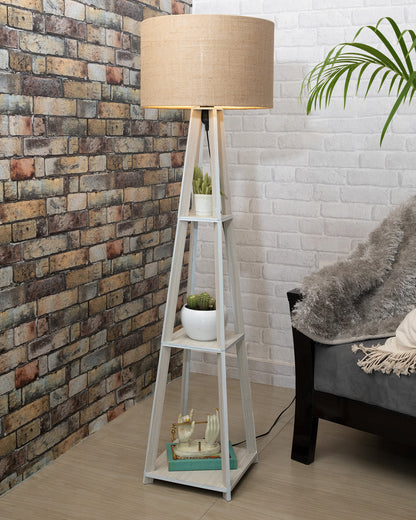 Homesake® Wood Natural Colour 3 Layer Floor Lamp for Living Room With 16" Oka Shade Jute Decor Corner Lamp For Living Room | Standing Lamp | Reading House Bedroom Home