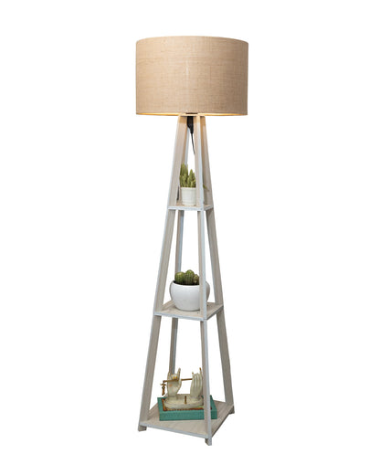 Homesake® Wood Natural Colour 3 Layer Floor Lamp for Living Room With 16" Oka Shade Jute Decor Corner Lamp For Living Room | Standing Lamp | Reading House Bedroom Home