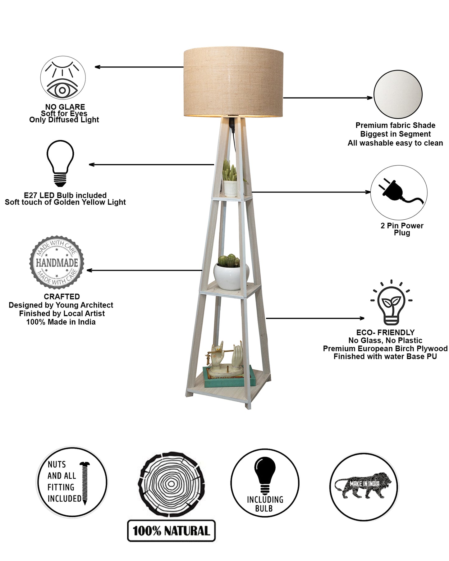 Homesake® Wood Natural Colour 3 Layer Floor Lamp for Living Room With 16" Oka Shade Jute Decor Corner Lamp For Living Room | Standing Lamp | Reading House Bedroom Home