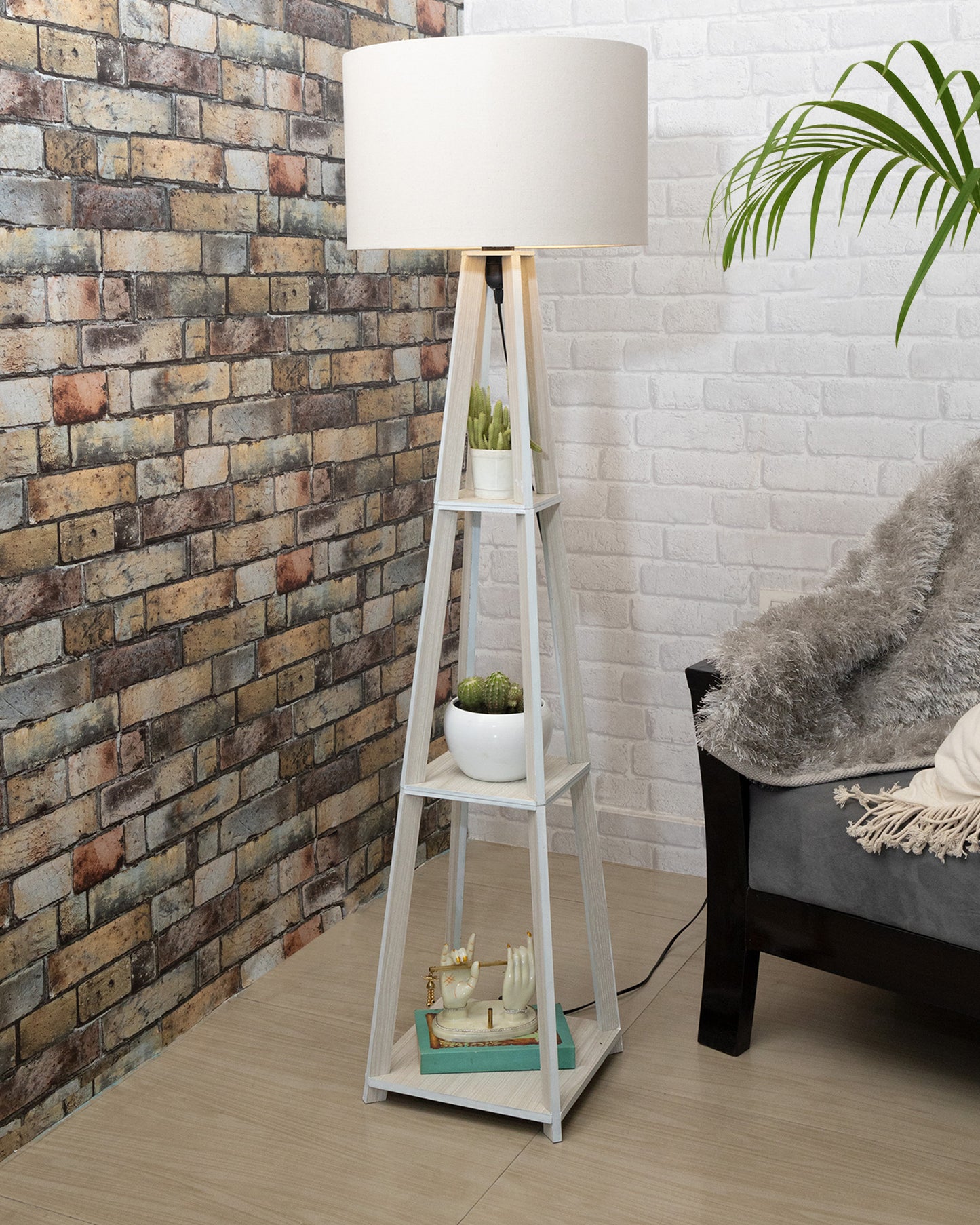 Homesake® Wood Natural Colour 3 Layer Floor Lamp for Living Room With 16" Oka Shade Jute Decor Corner Lamp For Living Room | Standing Lamp | Reading House Bedroom Home