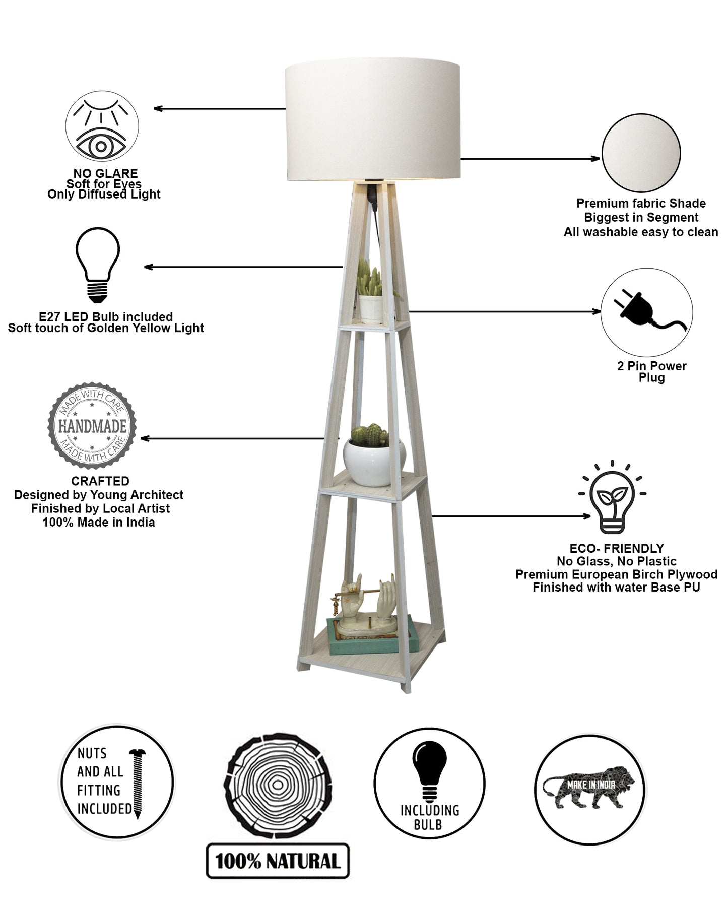 Homesake® Wood Natural Colour 3 Layer Floor Lamp for Living Room With 16" Oka Shade Jute Decor Corner Lamp For Living Room | Standing Lamp | Reading House Bedroom Home