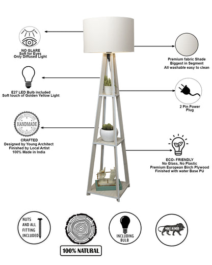 Homesake® Wood Natural Colour 3 Layer Floor Lamp for Living Room With 16" Oka Shade Jute Decor Corner Lamp For Living Room | Standing Lamp | Reading House Bedroom Home