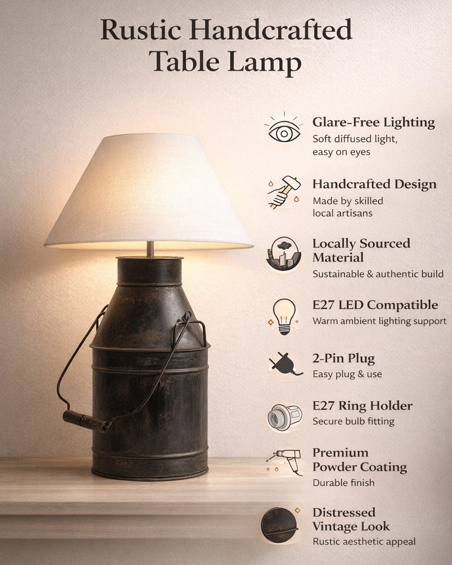 Rustic Milk Churn Can Table Lamp with shade, Black Rust Finish