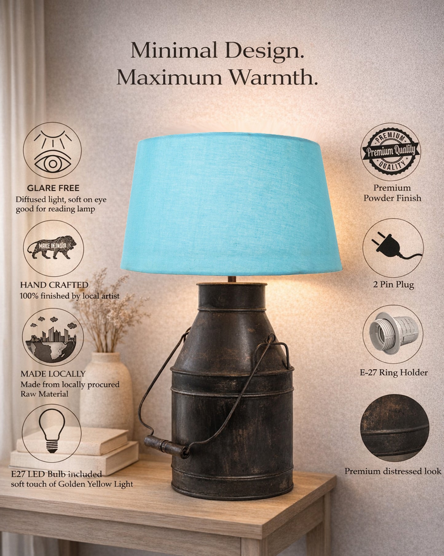 Rustic Milk Churn Can Table Lamp with shade, Black Rust Finish