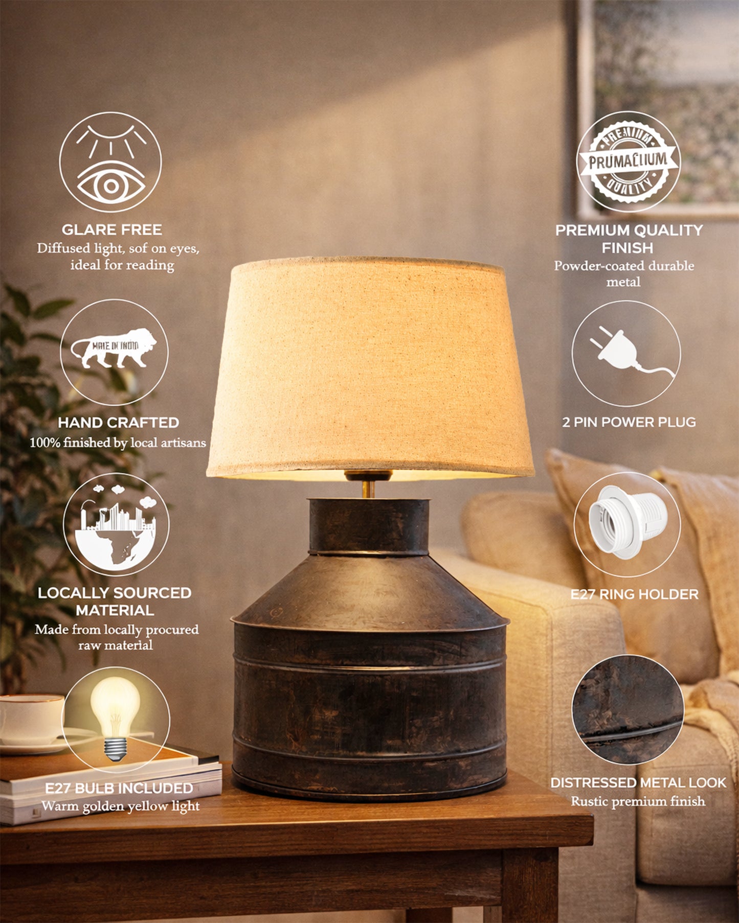Rustic Milk Gagar Table Lamp with shade, Black Rust Finish