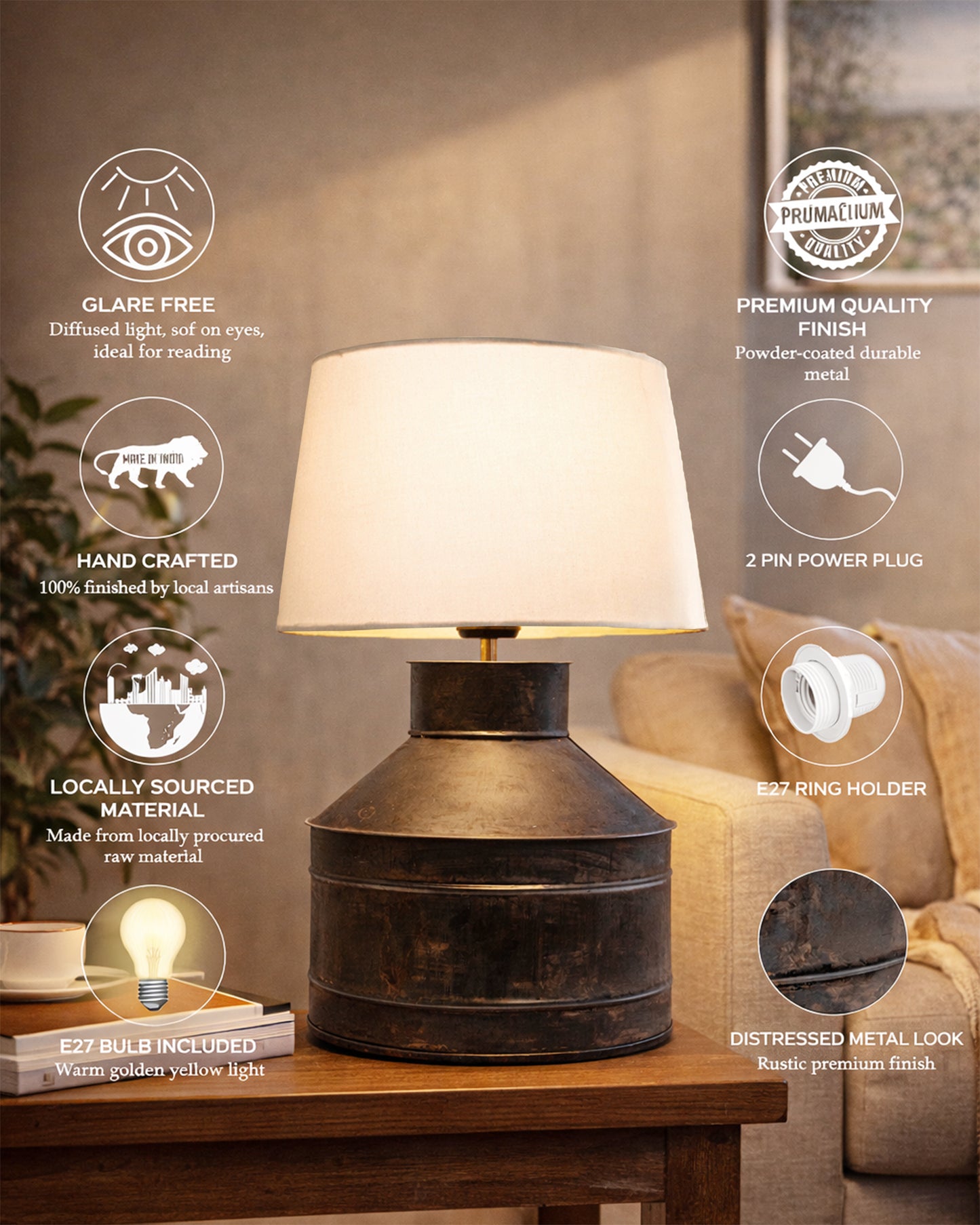 Rustic Milk Gagar Table Lamp with shade, Black Rust Finish