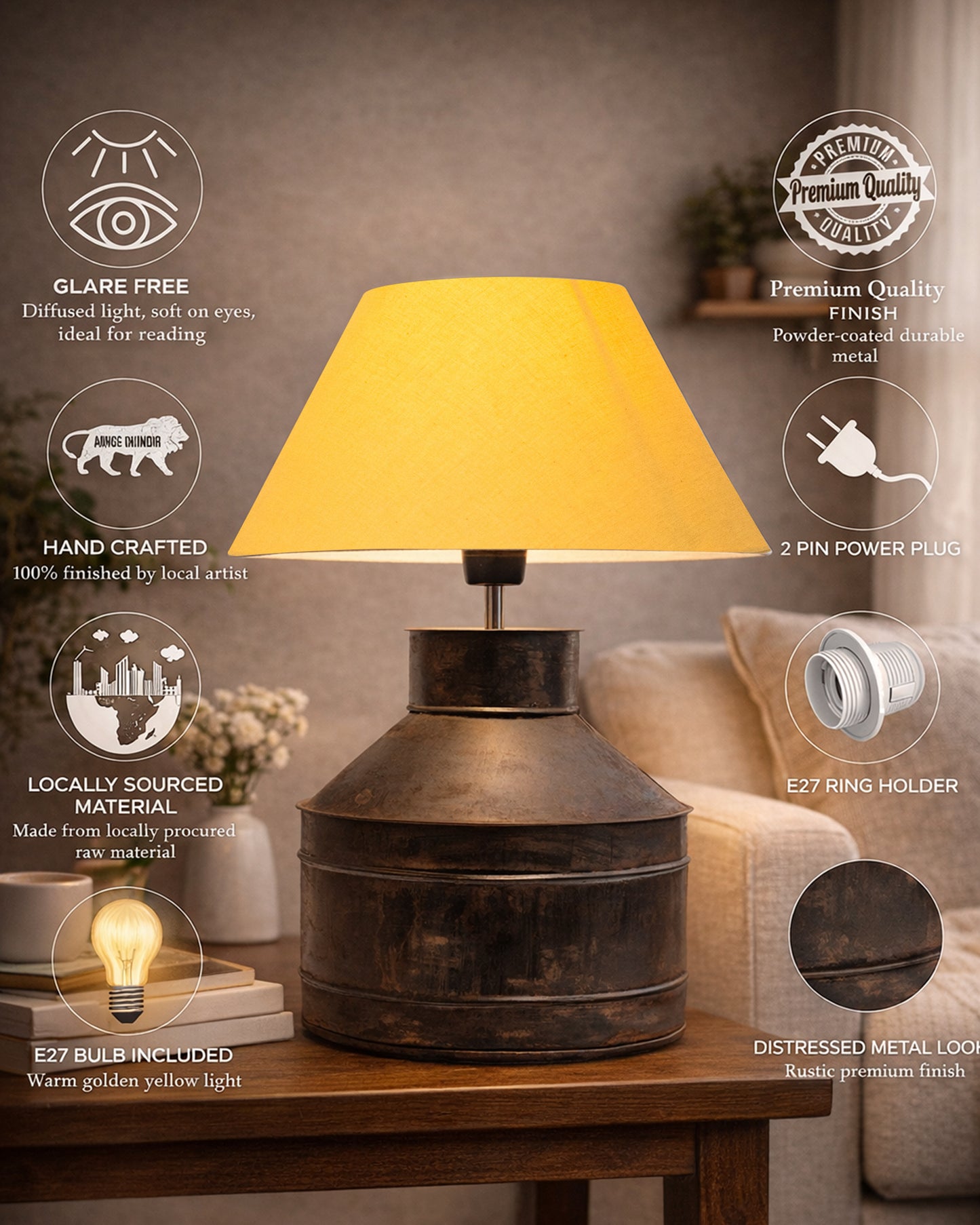 Rustic Milk Gagar Table Lamp with shade, Black Rust Finish