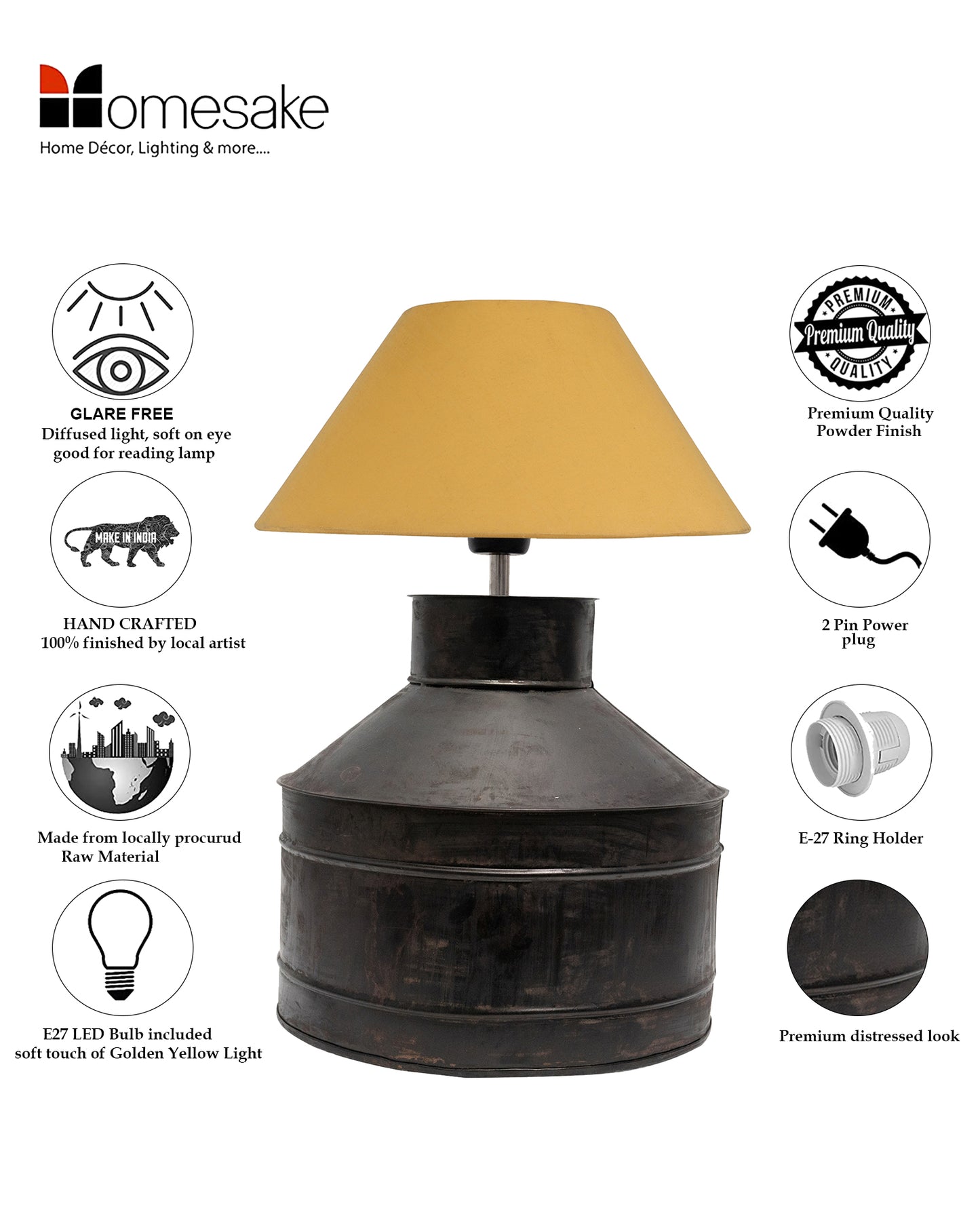 Rustic Milk Gagar Table Lamp with shade, Black Rust Finish