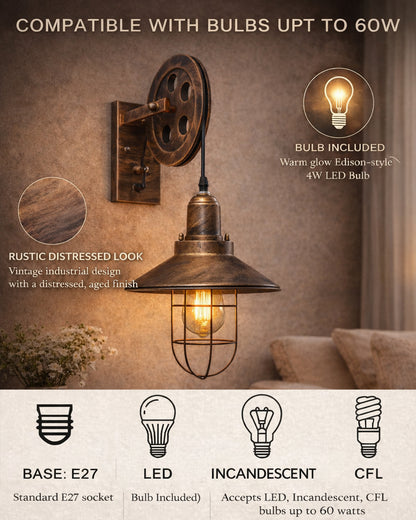 Industrial Mid Century Iron Wall Cone Lift Pulley Iron Cone Shade Indoor Lighting Barn Restaurant Bronze