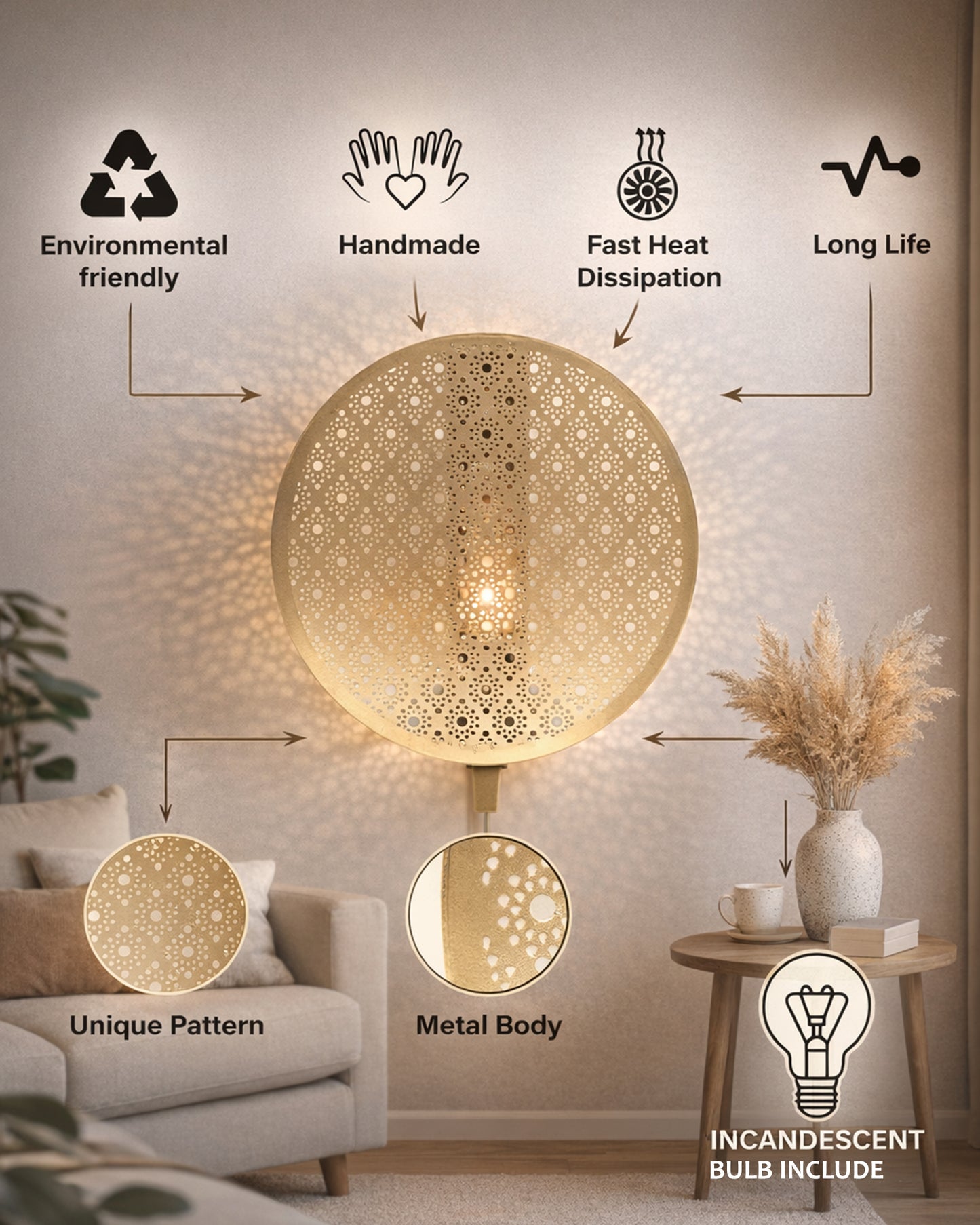 Moroccan Wall Round Light Shade, Engraved Wall Sconce Light Brass Finish