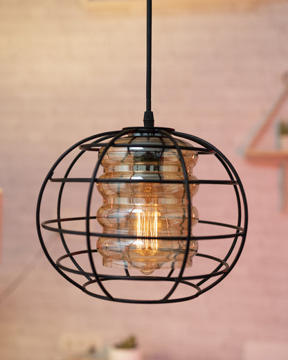Homesake® Black Sphere Cage Pendant Lighting with Glass Shades,Porch Gazebo Barn Light Fixture, Cylinder Glass