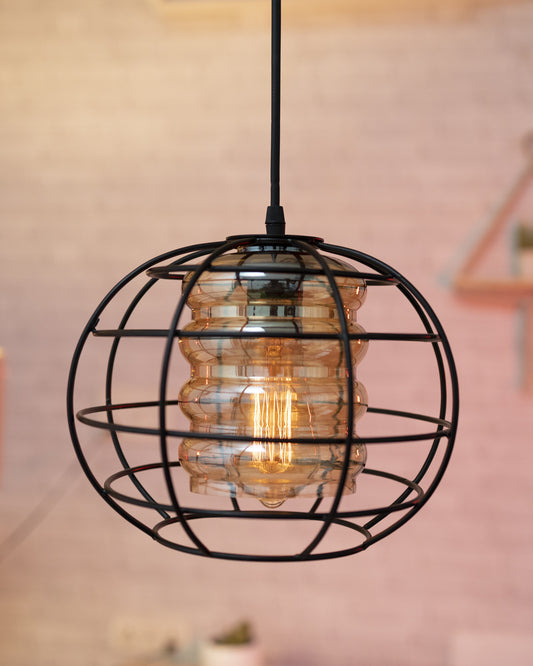 Homesake® Black Sphere Cage Pendant Lighting with Glass Shades,Porch Gazebo Barn Light Fixture, Cylinder Glass