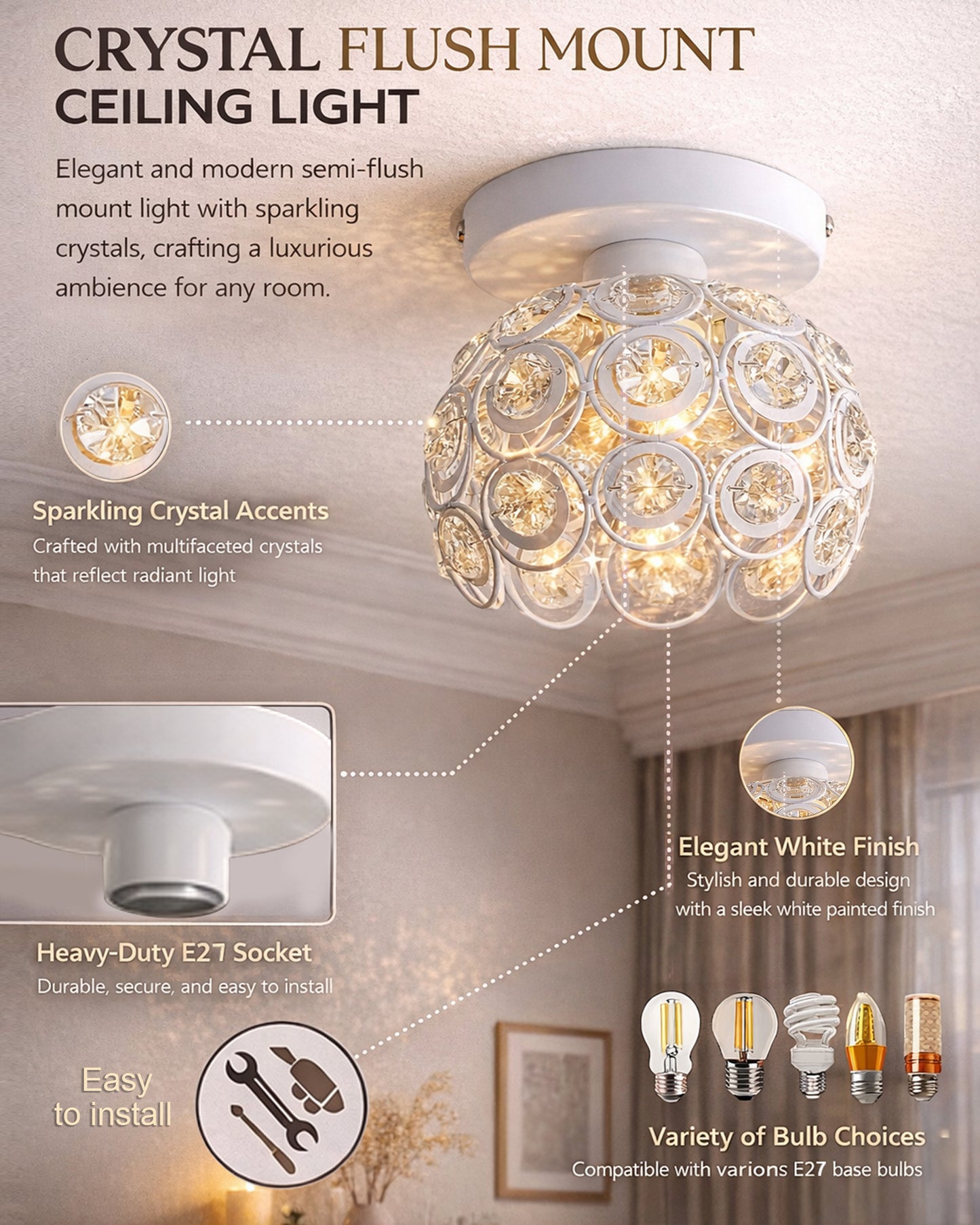 Dual Ring Crystal Flush Mount Ceiling Light, for Hallway Light Fixture Ceiling