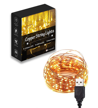 100-LED Fairy Copper String Lights 10m Waterproof, USB, Warm White
