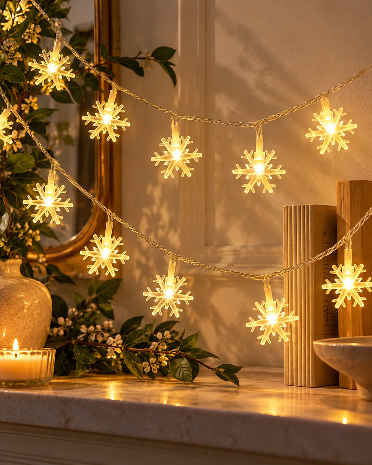 5M Snowflake Shaped LED String Lights for Christmas Indoor Outdoor, Party,Festival Garden Decor
