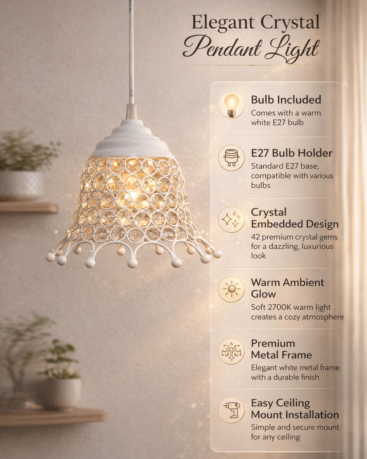 Glossy Hanging crystal pendant light, Adjustable Pendant Light Fixture for Kitchen Dinning Room Bedroom