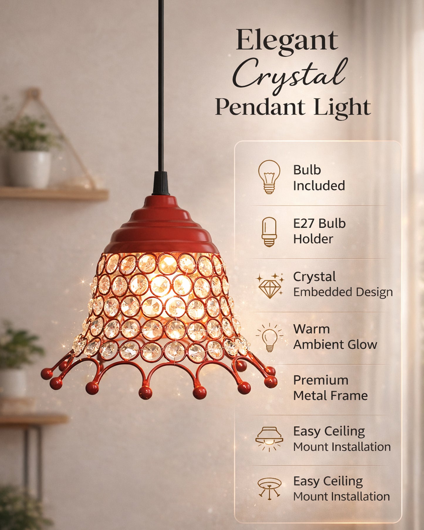 Glossy Hanging crystal pendant light, Adjustable Pendant Light Fixture for Kitchen Dinning Room Bedroom