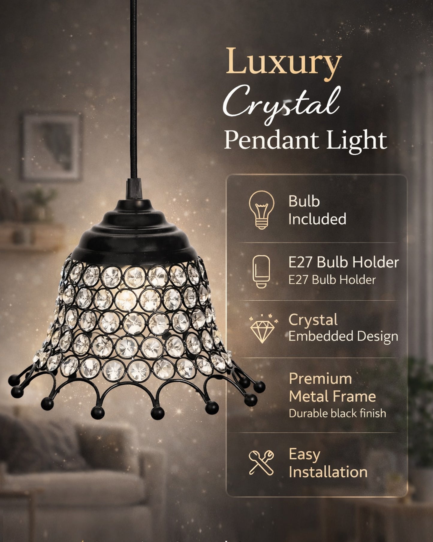 Glossy Hanging crystal pendant light, Adjustable Pendant Light Fixture for Kitchen Dinning Room Bedroom