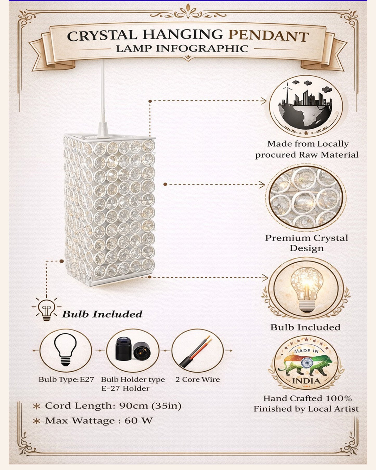 Glossy Hanging crystal Chandelier Vintage Industrial Vintage Pendant Ceiling Light