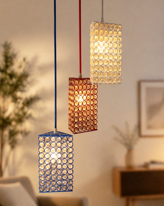 3-lights Round Cluster Chandelier Crystal hanging Pendant Light with Braided Cord