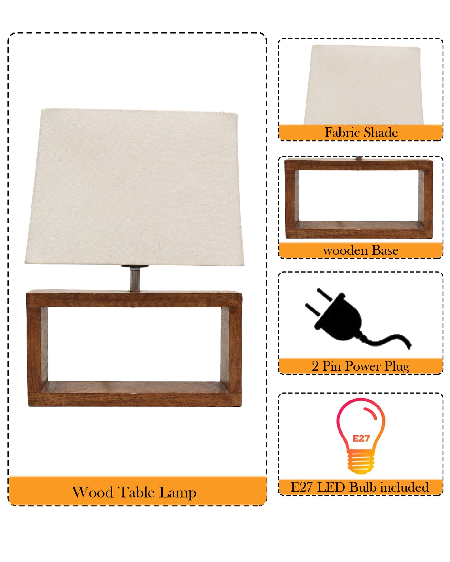 Wood Table Lamp French Country Rustic Bedside Desk Nightstand Lamp for Bedroom Living Room Office LED Bulb Included, Walnut Rectangle.