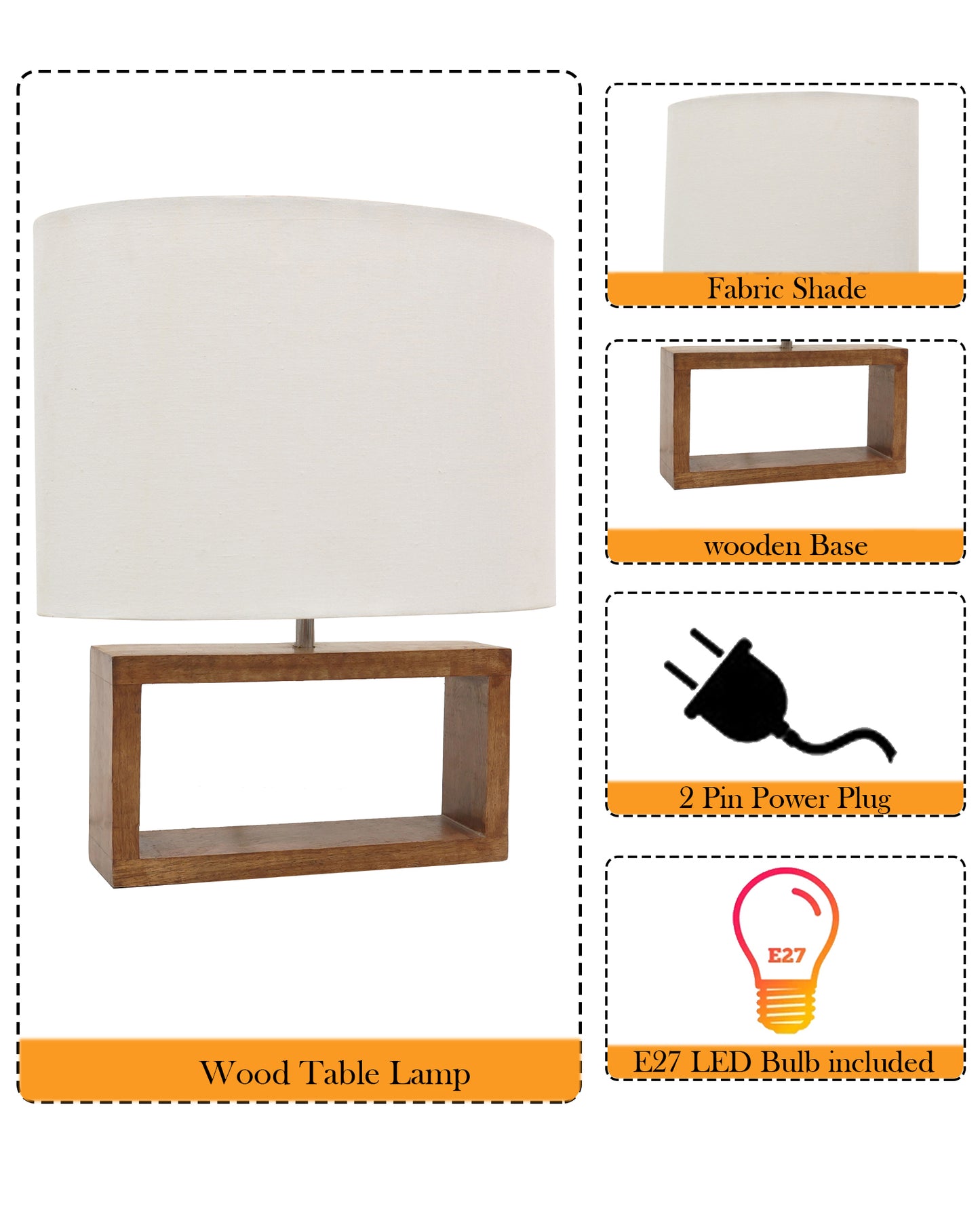 Wood Table Lamp French Country Rustic Bedside Desk Nightstand Lamp for Bedroom Living Room Office LED Bulb Included, Walnut Rectangle.