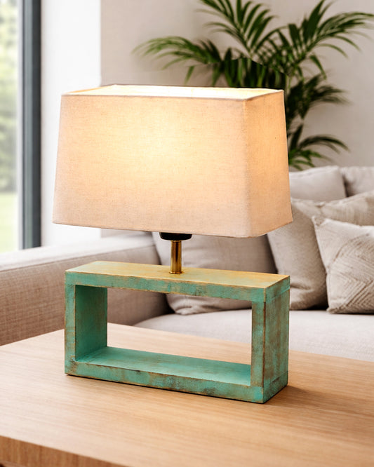 Wood Table Lamp French Country Rustic Bedside Desk Nightstand Lamp for Bedroom Living Room Office LED Bulb Included, Algae Rectangle