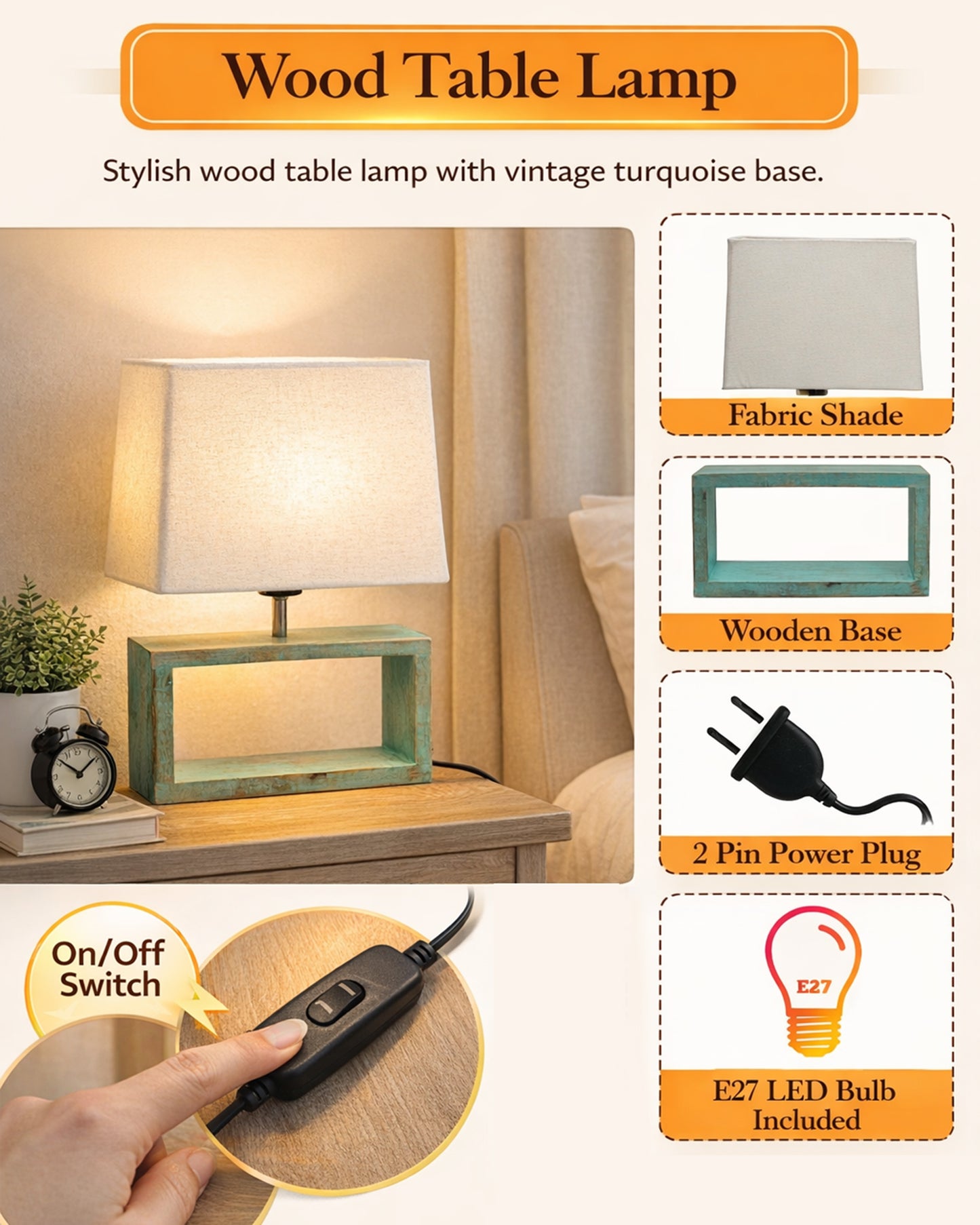 Wood Table Lamp French Country Rustic Bedside Desk Nightstand Lamp for Bedroom Living Room Office LED Bulb Included, Algae Rectangle