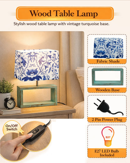 Wood Table Lamp French Country Rustic Bedside Desk Nightstand Lamp for Bedroom Living Room Office LED Bulb Included, Algae Rectangle