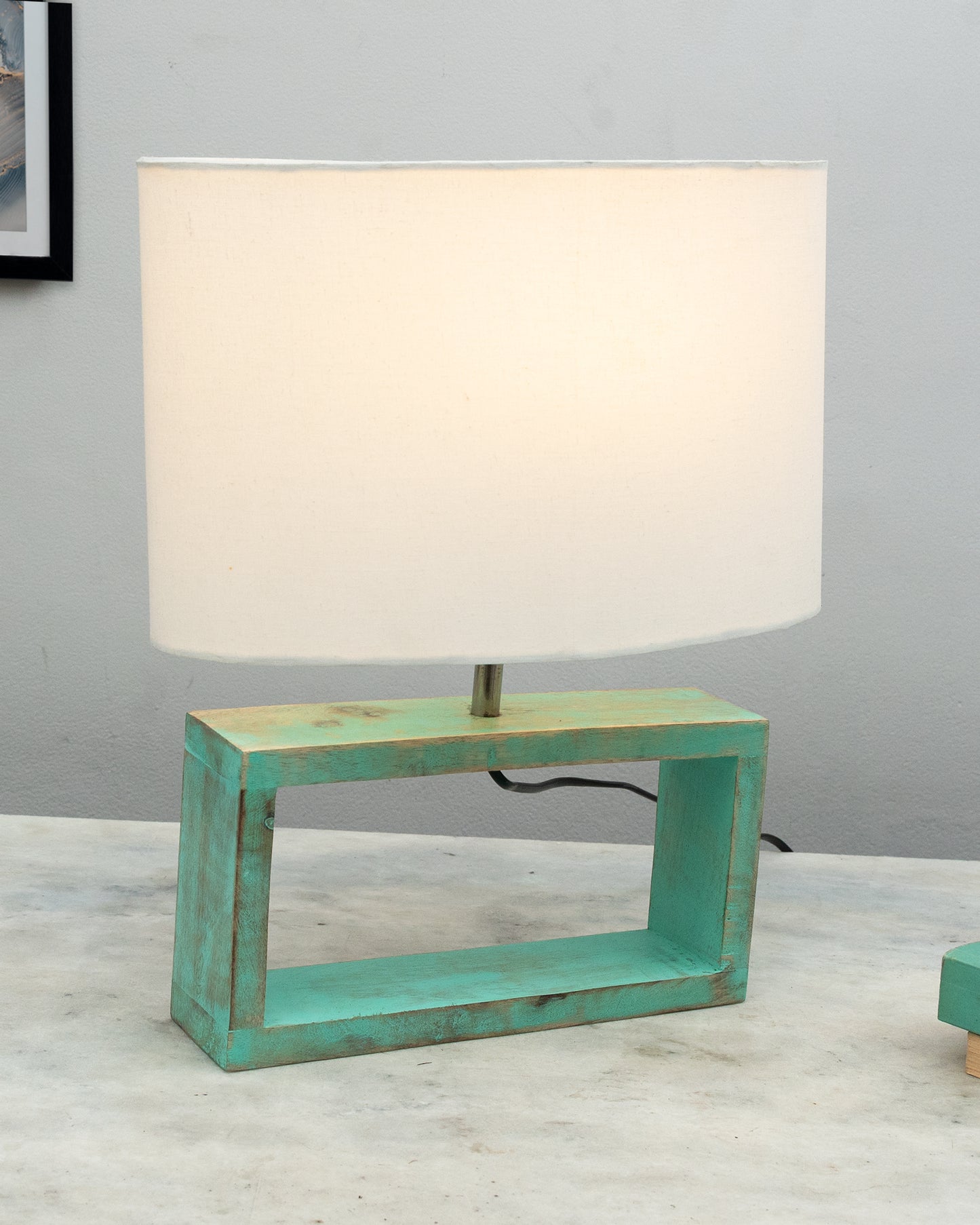 Wood Table Lamp French Country Rustic Bedside Desk Nightstand Lamp for Bedroom Living Room Office LED Bulb Included, Algae Rectangle